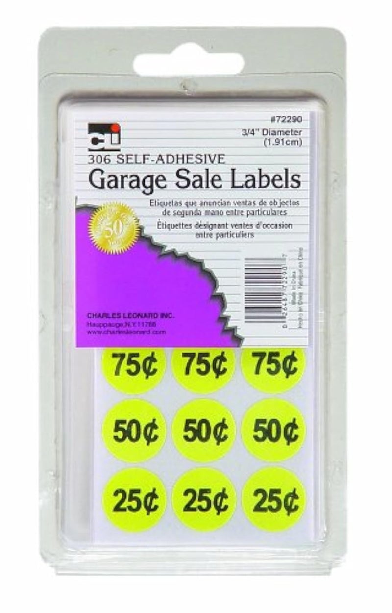 Charles Leonard Garage Sale Price Labels, Blank and Pre Priced Round Self Adhesive Stickers, 3/4 Inch Diameter, Yellow, 306/Box (72290)